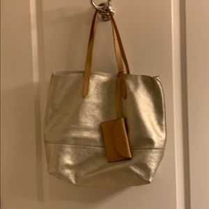 J Crew silver metallic leather soft tote